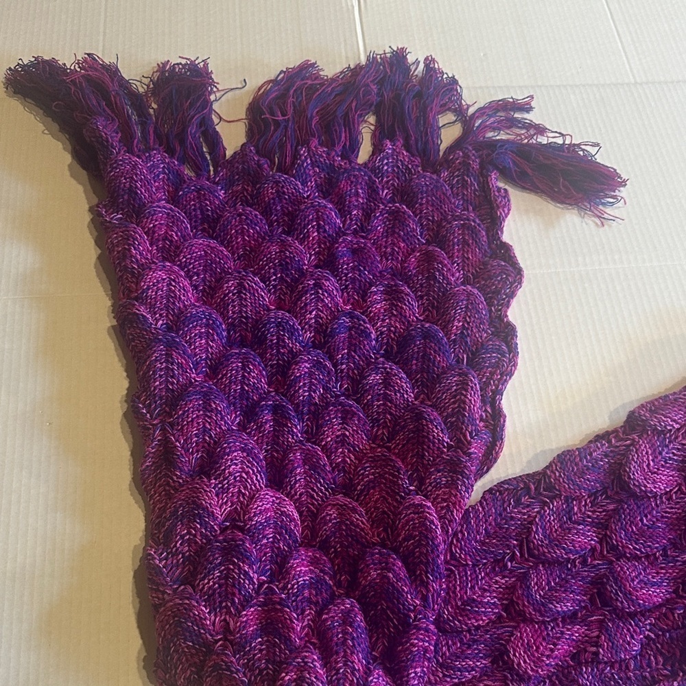 Purple pink and bluish knitted Mermaid Tail Blanket costume with fringe at ends - Picture 2 of 11